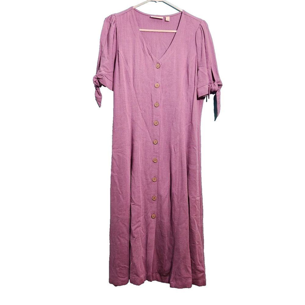 Susan Graver Pure Women XS Purple Linen Blend Tie Sleeve Midi Button Front Dress